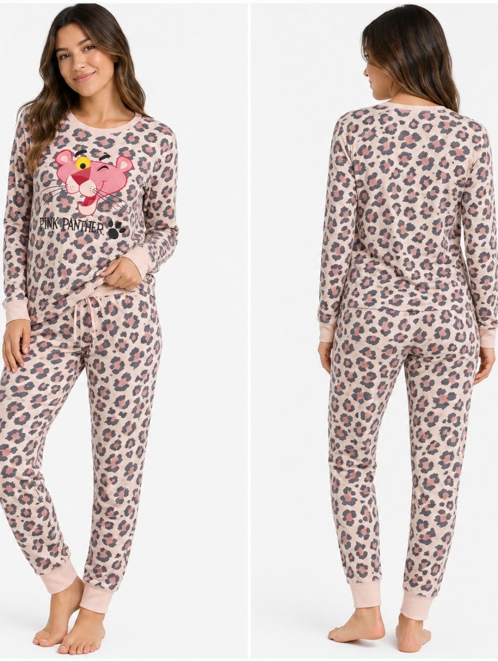 Pink Panther Leopard Print Pajama Set Long Sleeve Top Jogger Pants Lounge Set